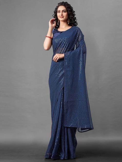 solid sequin woven saree with blouse - 19690449 - Very Small Image - 1