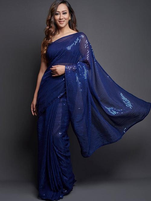 solid sequin woven saree with blouse - 19690450 - Very Small Image - 1