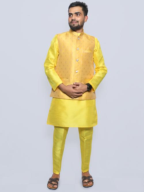 yellow self design kurta pyjama with nehru jacket set - 19691237 - Very Small Image - 1