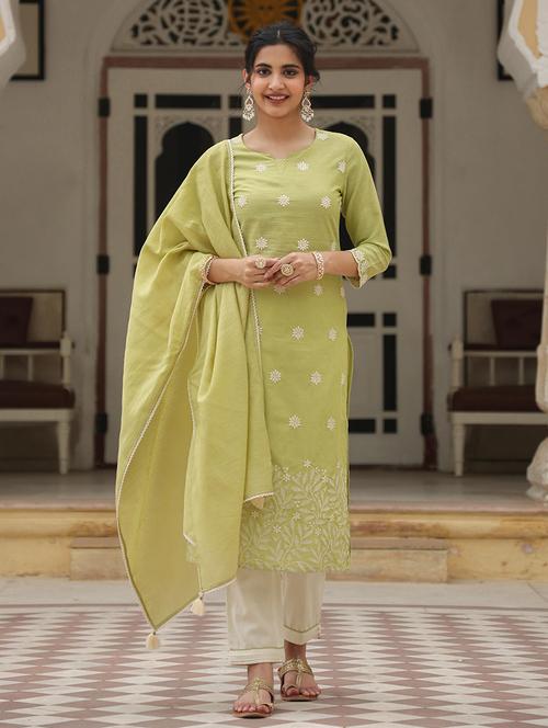 green embroidered three quarter sleeve suit set - 19691294 - Very Small Image - 1