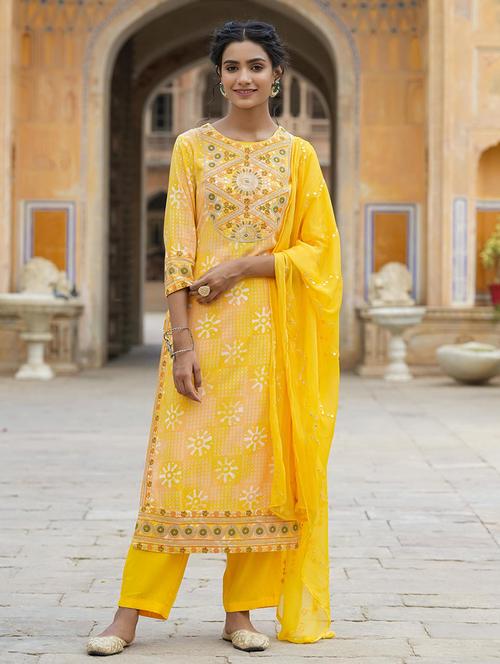 yellow embroidered three quarter sleeve suit set - 19691298 - Very Small Image - 1