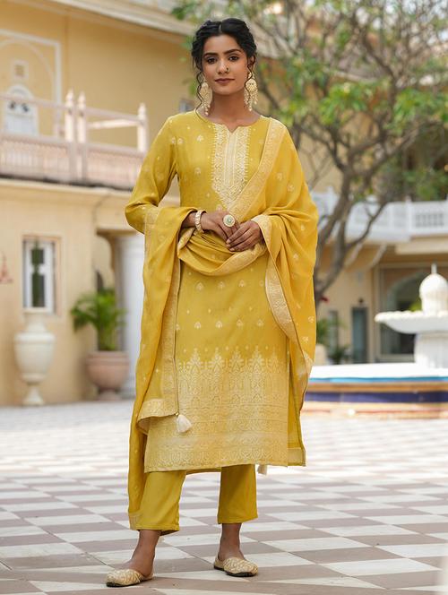 mustard embroidered three quarter sleeve suit set - 19691302 - Very Small Image - 1
