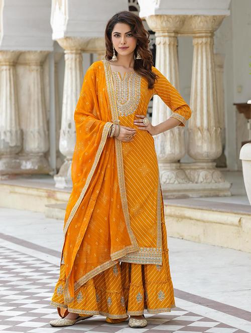 mustard embroidered striped kurta sharara set with dupatta - 19691318 - Very Small Image - 1