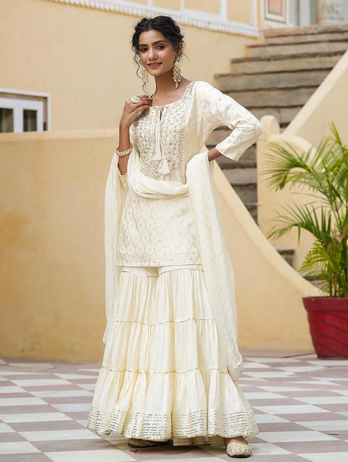 off-white embroidered kurta sharara set - 19691321 - Very Small Image - 1