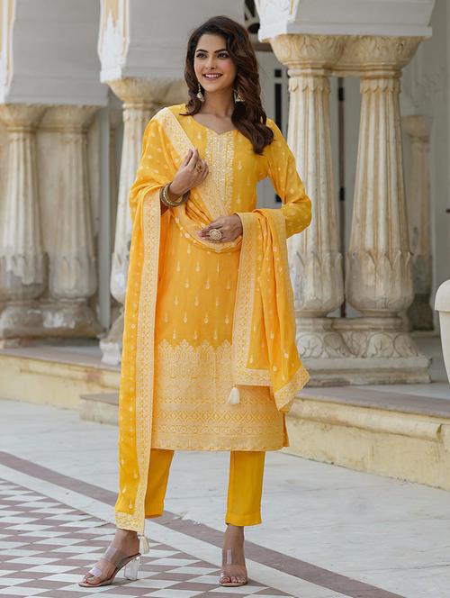 yellow embroidered three quarter sleeve suit set - 19691325 - Very Small Image - 1