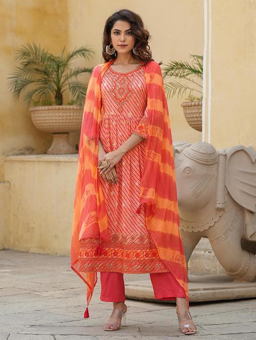 orange embroidered three quarter sleeve suit set - 19691331 - Very Small Image - 1