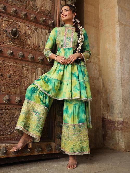 green embroidered kurta sharara set with dupatta - 19691334 - Very Small Image - 1