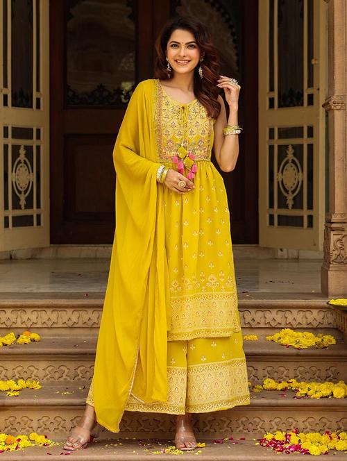 yellow embroidered kurta palazzo set with dupatta - 19691335 - Very Small Image - 1