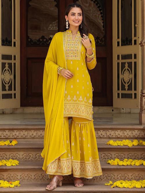 yellow embroidered kurta sharara set with dupatta - 19691336 - Very Small Image - 1