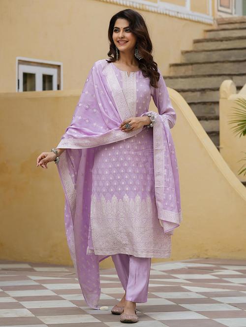lavender embroidered three quarter sleeve suit set - 19691340 - Very Small Image - 1