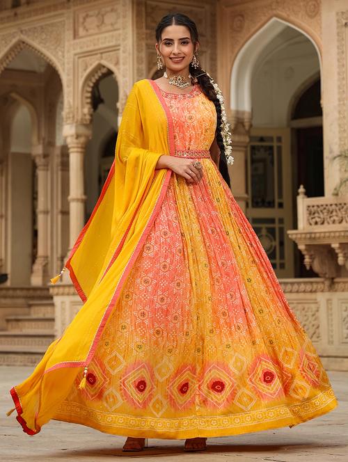 yellow bandhej flared kurta & dupatta set - 19691351 - Very Small Image - 1