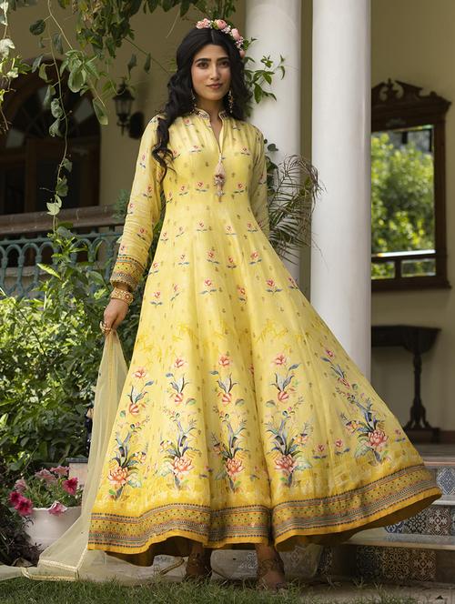 yellow printed flared anarkali kurta with dupatta set - 19691354 - Very Small Image - 1