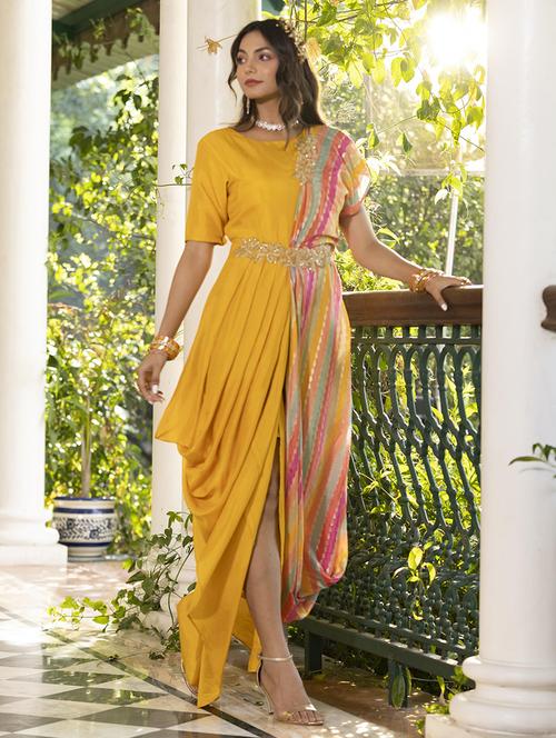 yellow self design flared ethnic dress - 19691360 - Very Small Image - 1