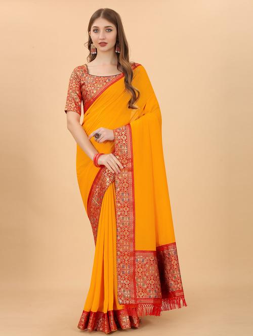 women's bordered mustard colored saree with blouse - 19693378 - Very Small Image - 1