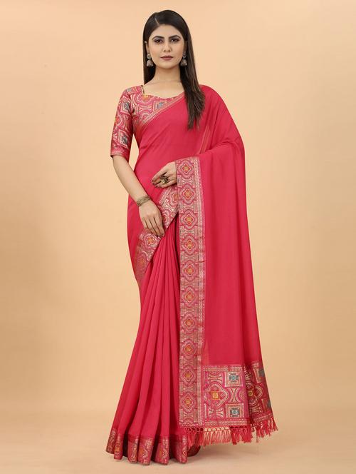 women's bordered pink colored saree with blouse - 19693383 - Very Small Image - 1