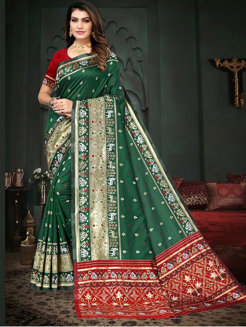 women's self design bottle green colored saree with blouse - 19693395 - Very Small Image - 1