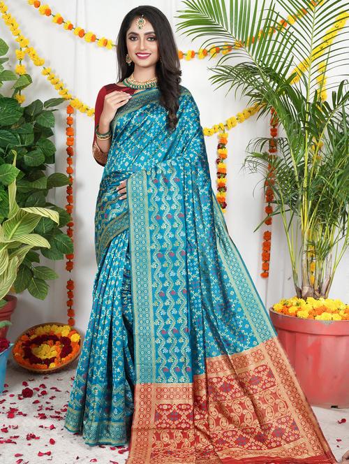 women's self design blue colored saree with blouse - 19693482 - Very Small Image - 1