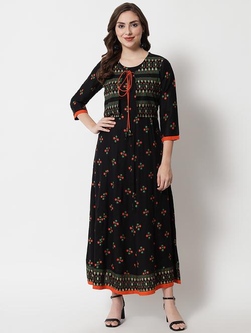 round neck printed a-line gown with jacket - 19693749 - Very Small Image - 1
