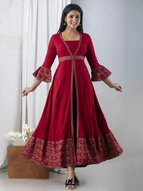 women boat neck printed flared gown - 19693760 - Very Small Image - 1