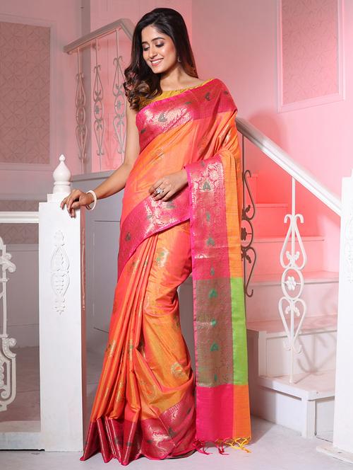 peach cotton blend saree with blouse - 19696143 - Very Small Image - 1