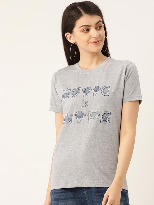 women's chest print round neck t-shirt - 19697256 - Very Small Image - 1