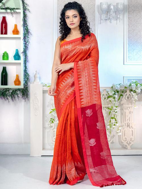 orange linen saree - 19697475 - Very Small Image - 1
