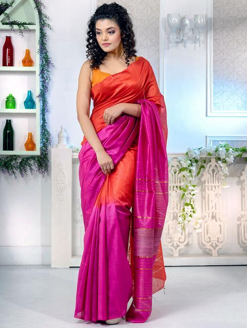 orange silk blend saree with blouse - 19697490 - Very Small Image - 1