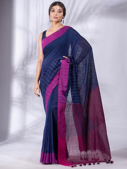 blue linen saree with blouse - 19697525 - Very Small Image - 1