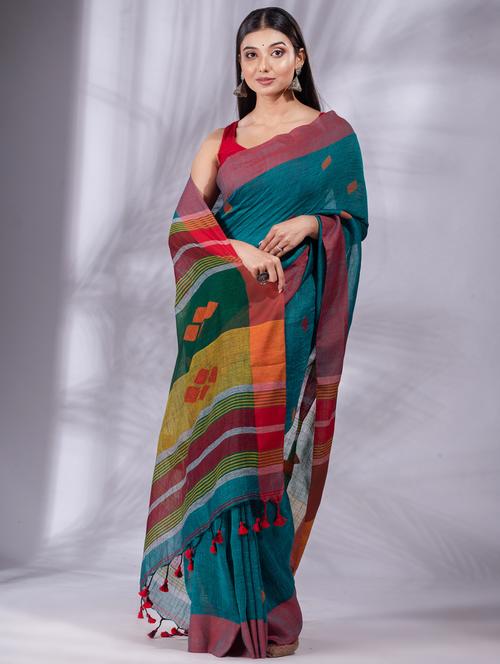 blue linen saree - 19697549 - Very Small Image - 1