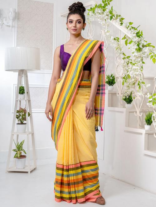 yellow cotton saree with blouse - 19697564 - Very Small Image - 1