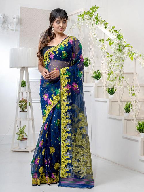 women's self design blue colored saree with blouse - 19697699 - Very Small Image - 1