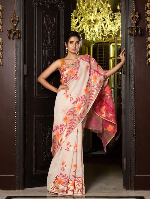 offwhite cotton silk saree with blouse - 19697748 - Very Small Image - 1