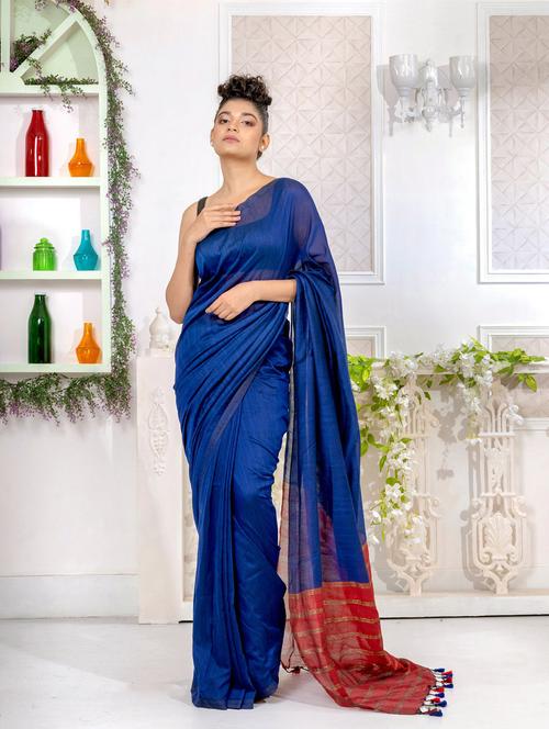 blue cotton saree with blouse - 19697779 - Very Small Image - 1
