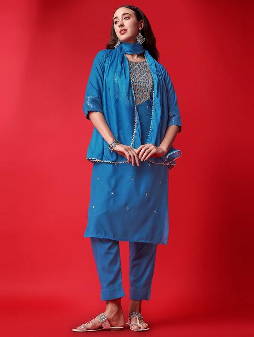 blue self design embroidered kurta dupatta set - 19698314 - Very Small Image - 1