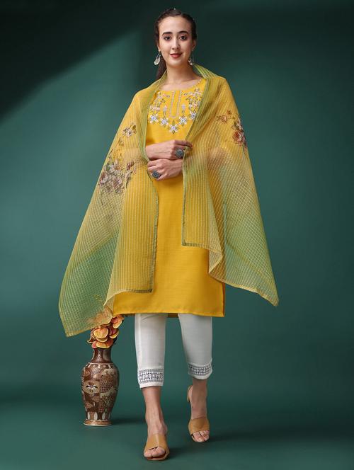 yellow self design embroidered kurta dupatta set - 19698320 - Very Small Image - 1