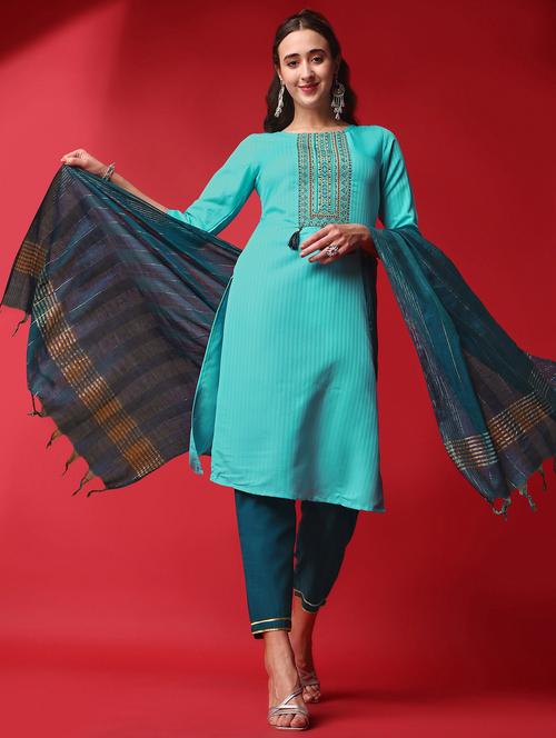 turquoise self design embroidered kurta dupatta set - 19698329 - Very Small Image - 1