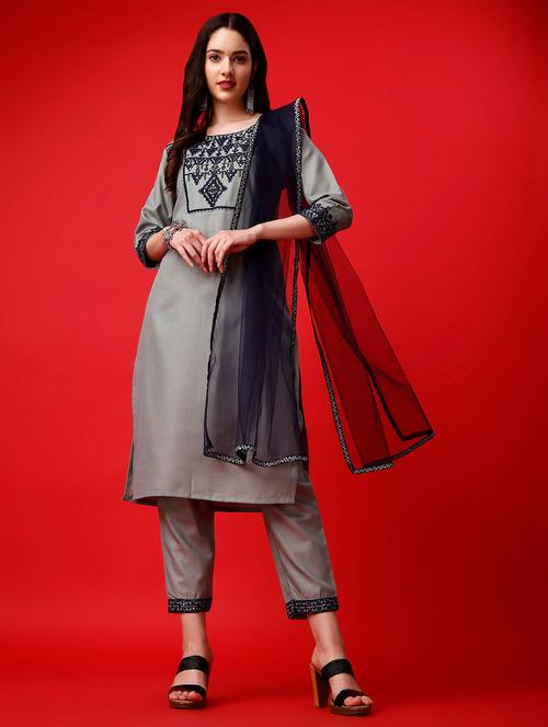 grey solid embroidered suit set with dupatta - 19698332 - Very Small Image - 1