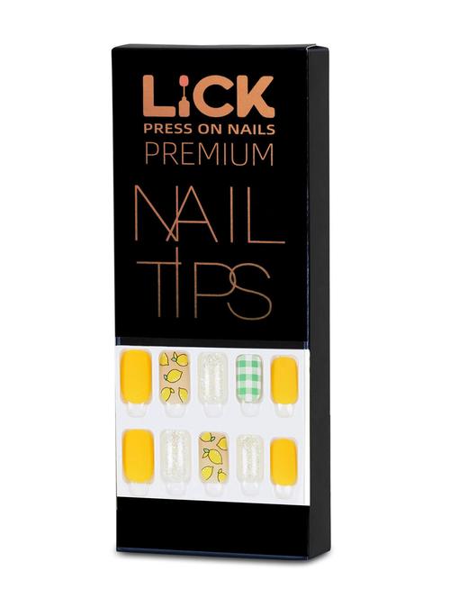 lick 12 pcs matte lemon yellow acrylic artificial fake/false press on nails with application kit - 19699400 - Very Small Image - 1