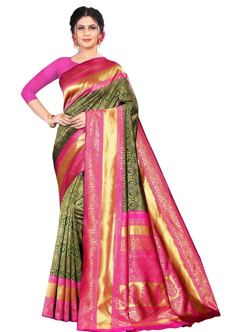 green silk kanjivaram saree with blouse - 19699521 - Very Small Image - 1