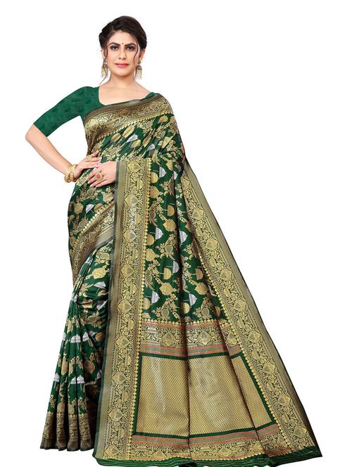 green silk kanjivaram saree with blouse - 19699555 - Very Small Image - 1