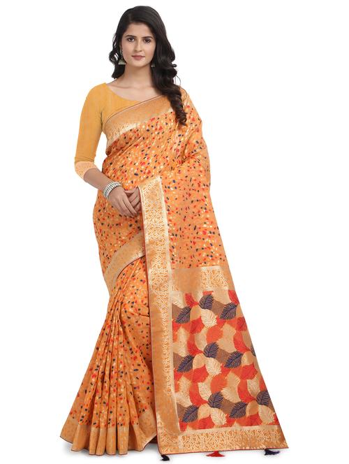 orange jacquard banarasi saree - 19699584 - Very Small Image - 1