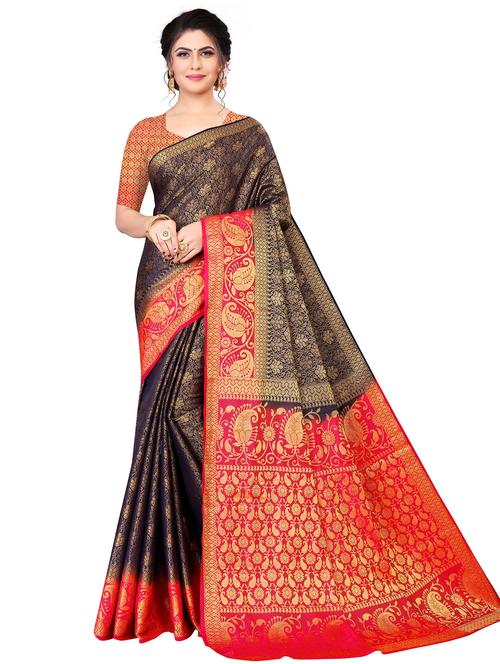 blue jacquard kanjivaram saree with blouse - 19699676 - Very Small Image - 1