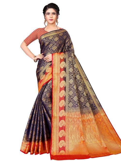 blue jacquard kanjivaram saree with blouse - 19699706 - Very Small Image - 1