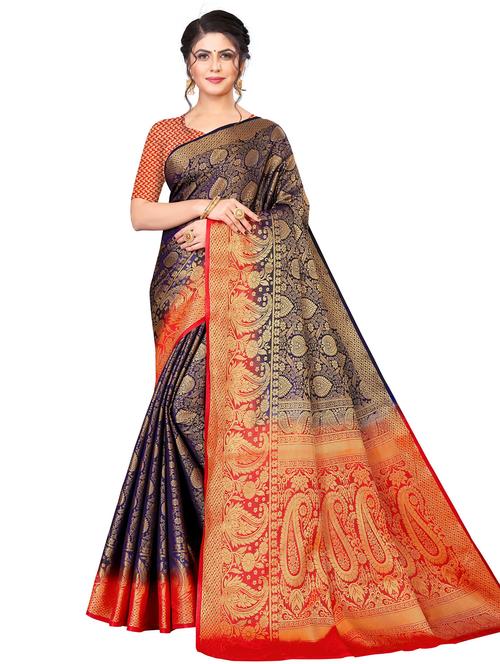 blue jacquard kanjivaram saree with blouse - 19699760 - Very Small Image - 1