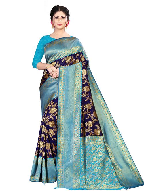 dark blue woven saree with blouse - 19699791 - Very Small Image - 1