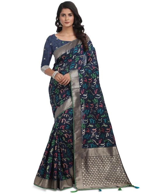 dark blue jacquard saree with blouse - 19699795 - Very Small Image - 1