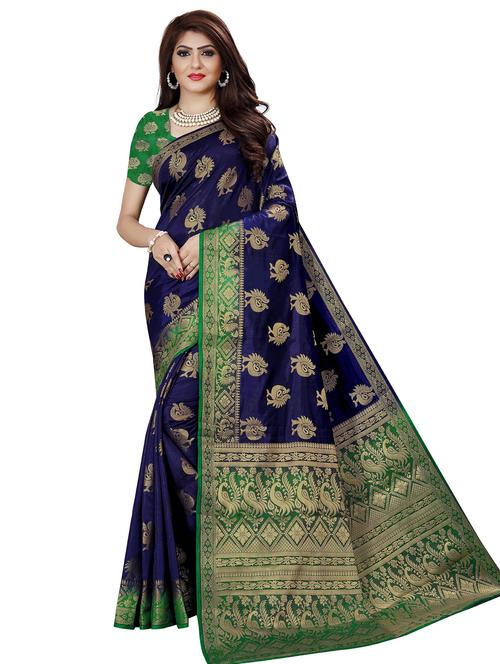 dark blue jacquard kanjivaram saree with blouse - 19699799 - Very Small Image - 1