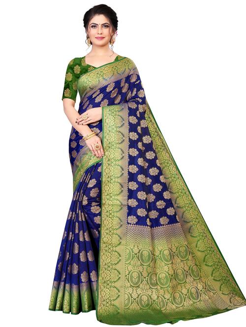 dark blue jacquard kanjivaram saree with blouse - 19699804 - Very Small Image - 1
