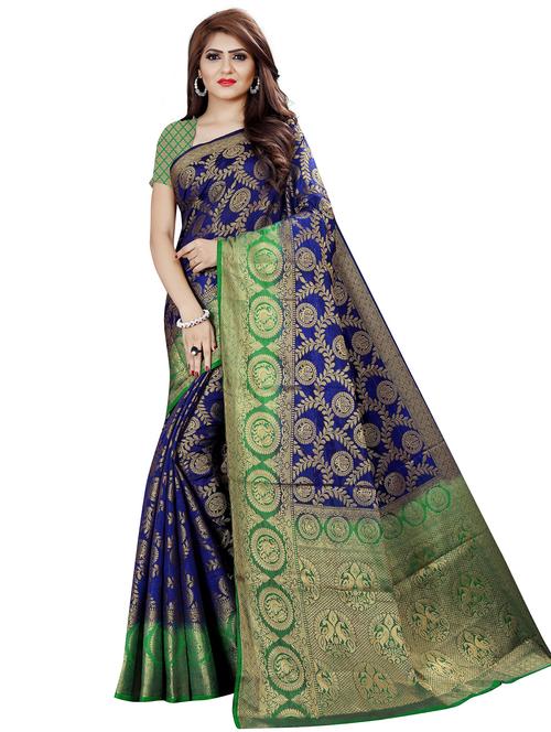 dark blue jacquard kanjivaram saree - 19699809 - Very Small Image - 1