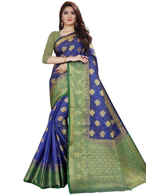 dark blue jacquard kanjivaram saree with blouse - 19699812 - Very Small Image - 1